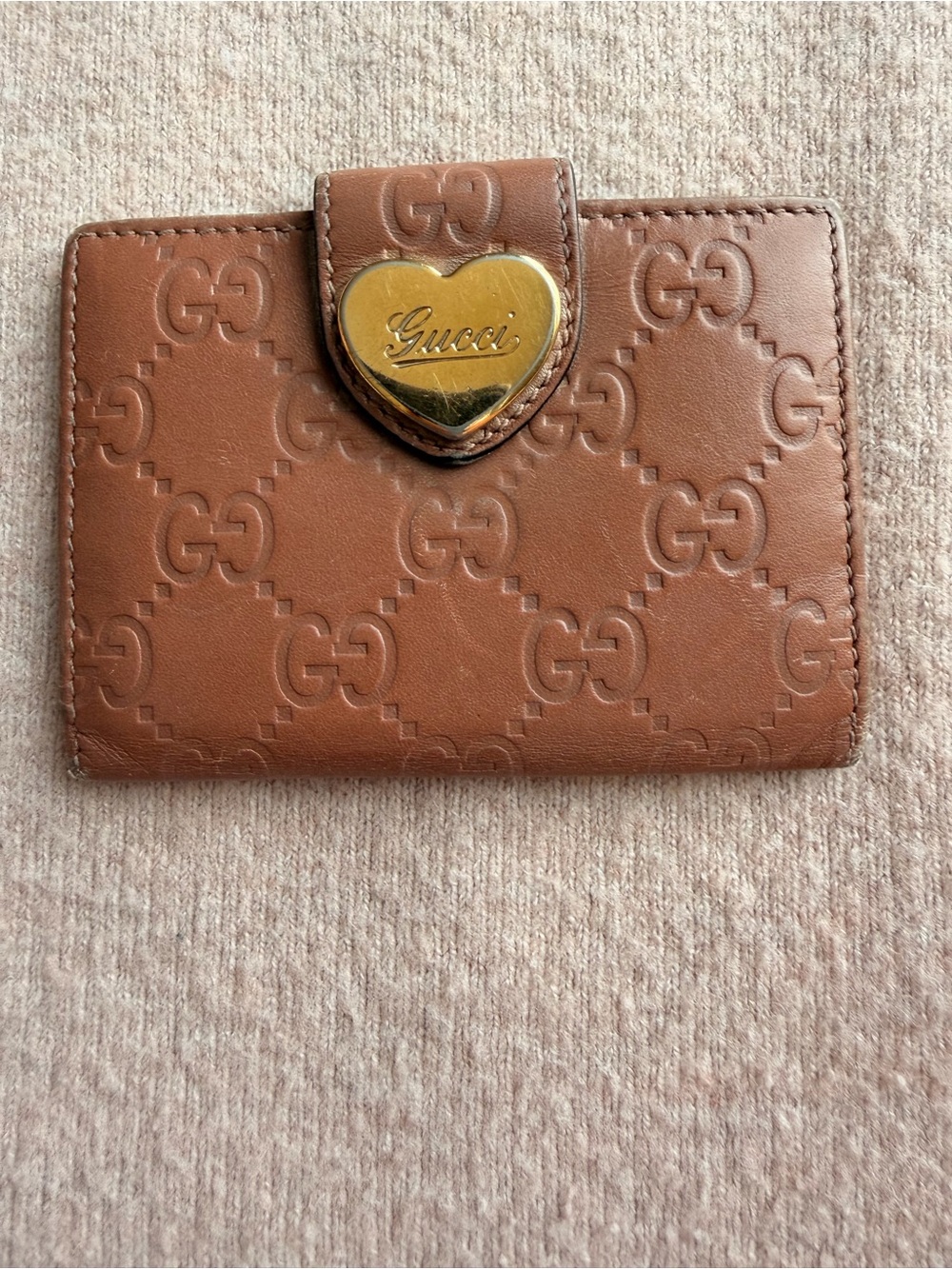 Gucci Tan Embossed GG Leather Wallet with Gold Heart Snap